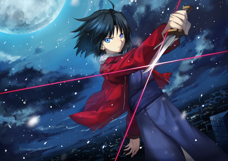 weapon, hair, 252548, night, black, moon, com, ryougi, eyes, stars, kyoukai, 720P, konachan, building, (artist), sky, kara, tagme, sword, shiki, city