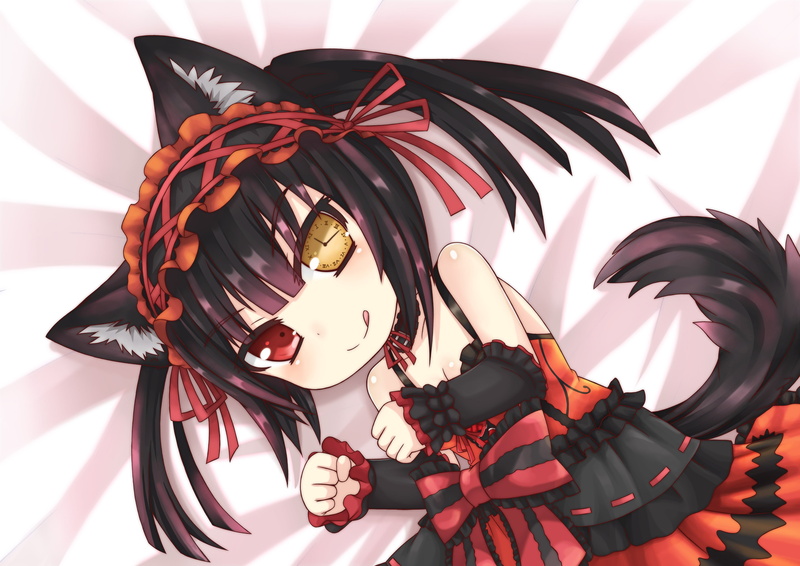 tagme, kurumi, hair, ribbons, date, animal, dress, live, catgirl, greenteaneko, 4K, bow, tokisaki, ears, black, tail