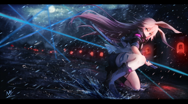 weapon, long, 255993, signed, pink, water, rain, boots, konachan, eyes, xueyuan, yae, sword, shy, benghuai, (953416992), 1080P, blue, sakura, com, hair