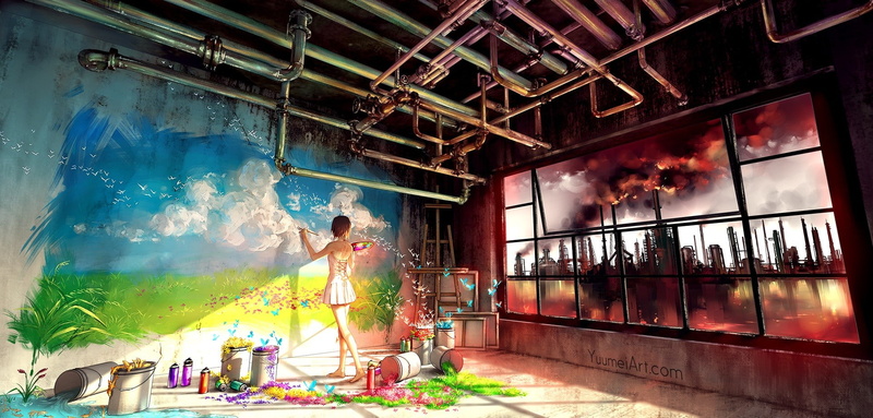 legs, 1080P, short hair, flowers, barefoot, anime girls, anime, butterfly, industrial, dress, grass, corset, water