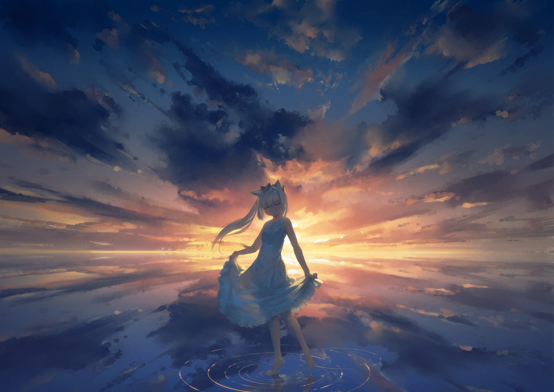 com, sea, catgirl, cloud - sky, sky, ears, one person, lane), rias-coast, scenics - nature, dress, leisure activity, orange color, outdoors, women, lifestyles
