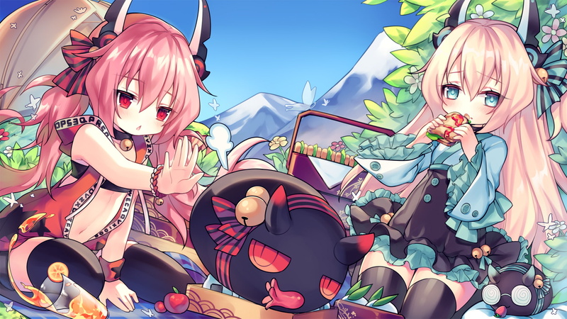 bell, flowers, utm, long, navel, horns, aqua, com, food, loli, sky, 2girls, drink, azur, hoodie, dress, eyes, animal, fruit, apple, hair, pink, lane, 261994