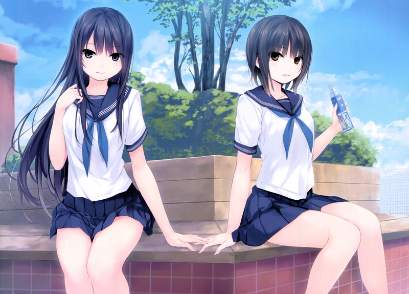 262541, bangs, original, skirt, young women, seifuku, tree, day, women, front view, sky, long, hair, 2girls, sumika, aoyama, 8K, drink, clouds, three quarter length