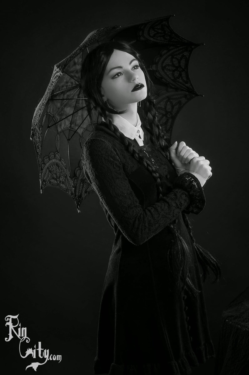 indoors, standing, looking at camera, dress, clothing, wednesday addams, beautiful woman, beauty, monochrome, beautiful people, females, young women, fashion