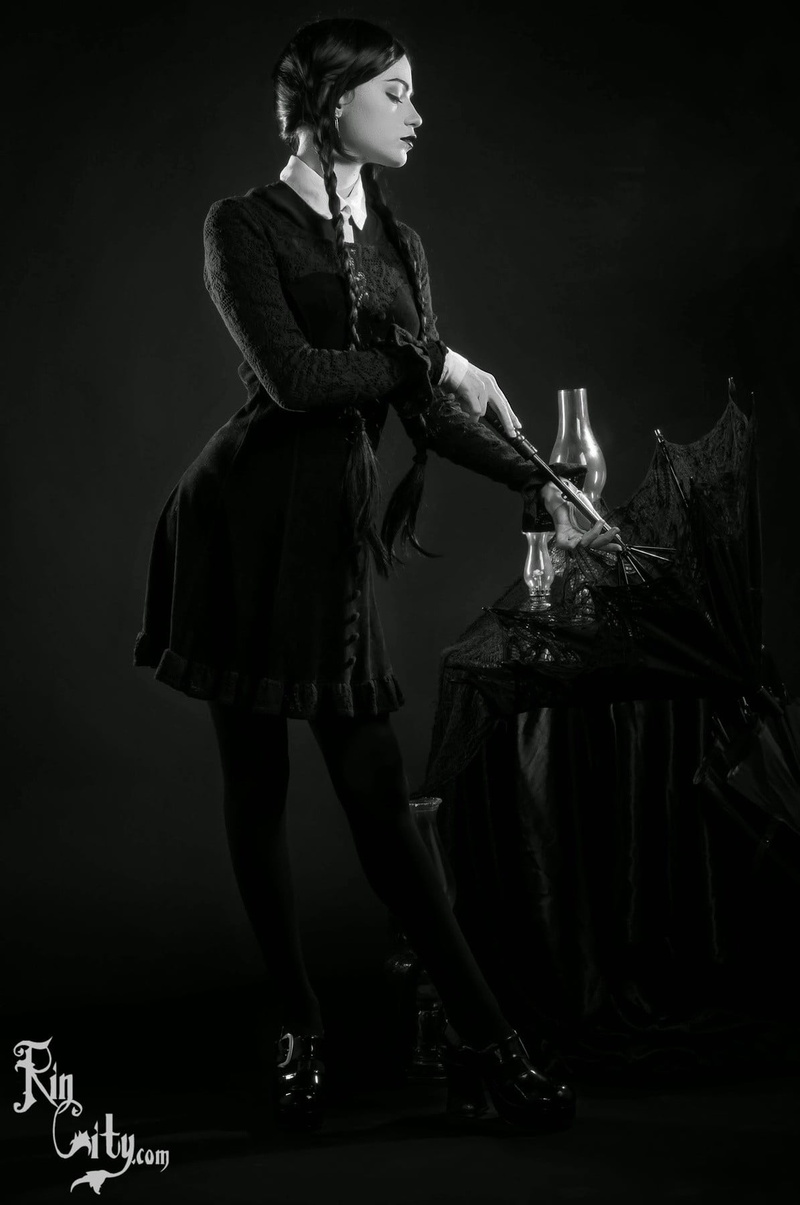 cosplay, full length, s, Katrina Wilkinson, women, black background, standing, dark, long, monochrome, young adult, looking, clothing, one person, hairstyle