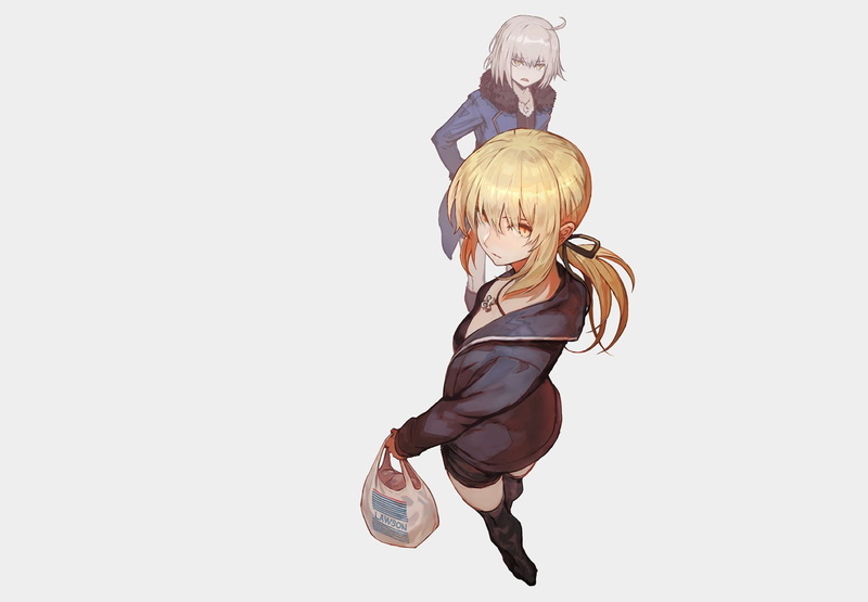 copy space, vitality, cut out, indoors, females, hairstyle, full length, hair, people, two people, girls, white background, studio shot, adult, Jeanne dArc (Fate Series)