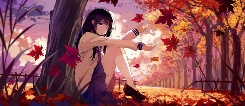 Hyouka, 2K, black hair, purple eyes, fall, leaves, Chitanda Eru
