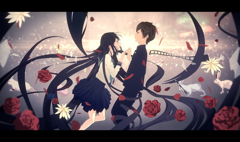 chitanda, seifuku, flowers, animal, rabbit, petals, 720P, hyouka, long, eru, rose, houtarou, oreki, hair