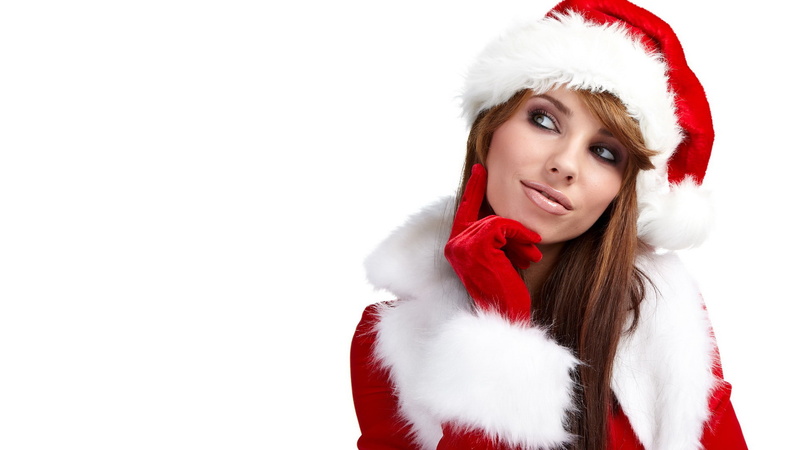 red, Izabela Magier, 1080P, model, Santa hats, Santa costume, gloves, Christmas, looking away, brunette, thinking, women, long hair, white background