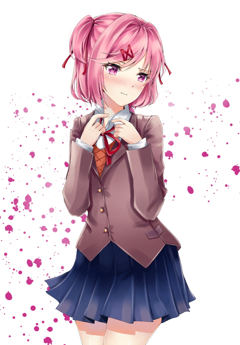 visual novel, pink hair, digital art, Natsuki (Doki Doki Literature Club), looking at viewer, DDLC, Video Game Horror, blue skirt, video game girls, red bow