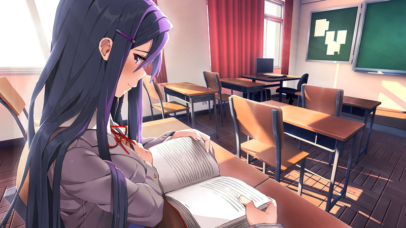 1080P, anime, Yuri (Doki Doki Literature Club), books, long hair, Doki Doki Literature Club, school, anime girls