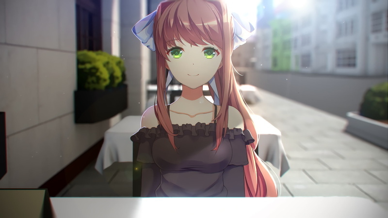 lifestyles, real people, outdoors, focus on foreground, nature, sunlight, Anime, visual novel, monika, clothing, building exterior, built structure, doki doki literature club