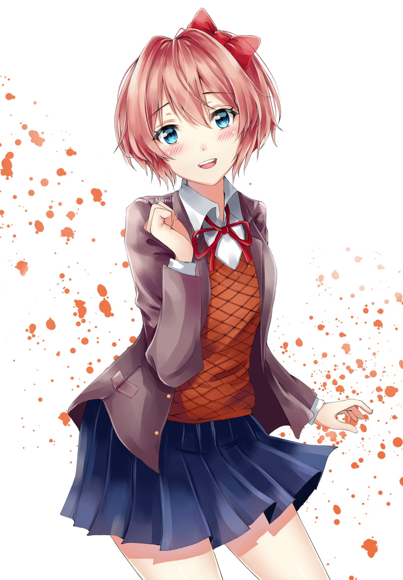 red bow, fan art, video game characters, 1080P, blue skirt, video game girls, video games, Sayori (Doki Doki Literature Club), visual novel, digital art