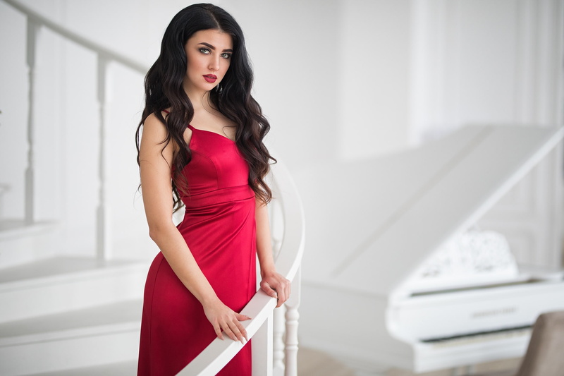 clothing, red dress, red, elegance, three quarter length, piano, musical instrument, beautiful woman, long hair, glamour, portrait, 1080P, fashion, looking at camera