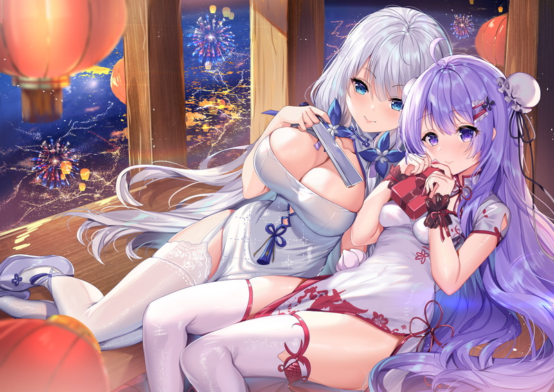 blue eyes, Unicorn (Azur Lane), purple hair, Azur Lane, Illustrious (Azur Lane), white hair, 5K, purple eyes, Chinese dress