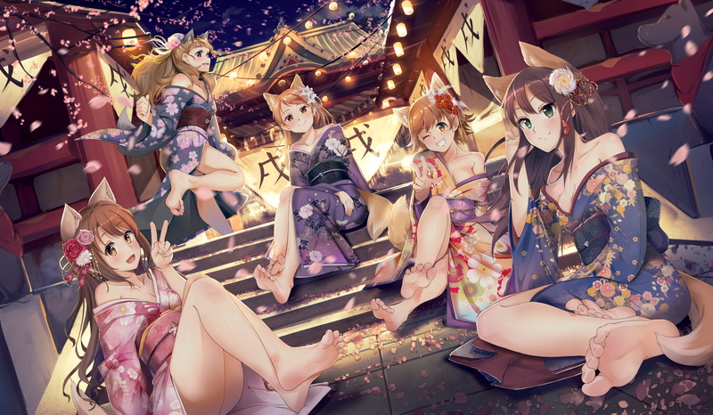 barefoot, karen, shrine, 2K, hair, com, animal, 261773, tail, petals, long, rin, foxgirl, honda, short, konachan, ears, idolmaster, houjou, shibuya, wink