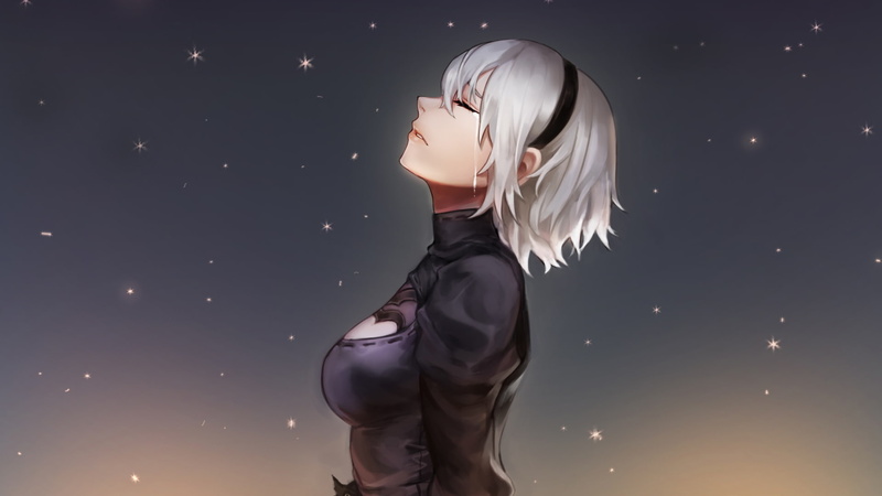 YoRHa No.2 Type B, Short Hair, Tears, Video Game, Crying, 1080P, NieR: Automata, Girl, White Hair, Headband