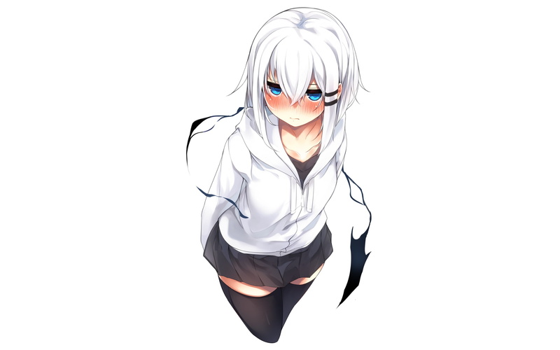 skirt, blushing, aqua eyes, ringo-chan (otokuyou), 1080P, short hair, white hair, thigh-highs, white clothing, headdress, hoods