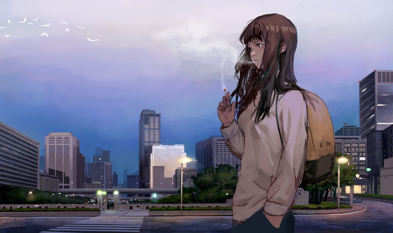 green, 4K, building, cigarette, (character), tomiya, sky, emanon, smoking, city, memories, com, 239223, brown, hair, (tomiya2117), konachan, eyes, animal
