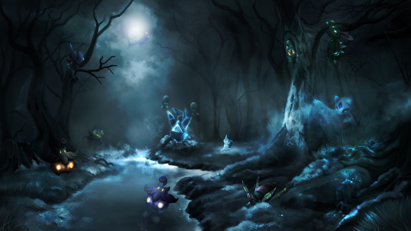 ariados, phantump, 253549, marshadow, pokemon, tree, 1080P, mimikyu, water, sableye, scenic, luxray, pumpkaboo, konachan, halloween, pikachu, elgyem, clouds