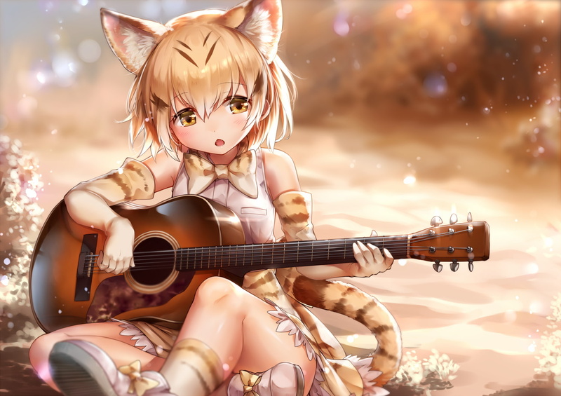yellow eyes, guitar, animal ears, blonde, Sand Cat(Kemono Friends), 720P, Kemono Friends