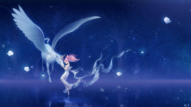 moon, wings, petals, erian, 720P, sailor, pink, hair, night, helios, chibiusa, tree, dress, unicorn