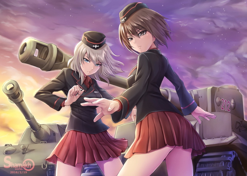 men, sky, young women, togetherness, people, Anime, women, adult, three quarter length, emotion, bonding, two people, young adult, Girls und Panzer, Erika Itsumi