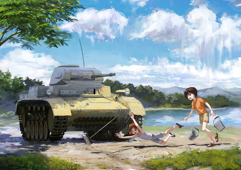water, women, lifestyles, girls und panzer, nature, plant, mode of transportation, tree, full length, standing, young adult, sunlight, cloud - sky, outdoors