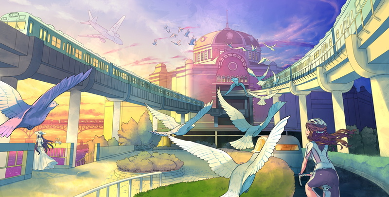 train, 1080P, cloud - sky, representation, day, outdoors, nature, no people, belief, birds, amusement park, sky, anime, original characters, religion