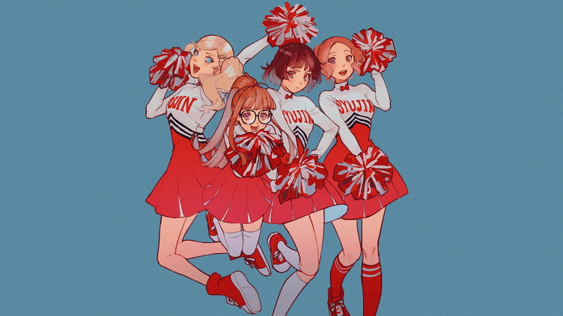 Futaba, 2K, anime girls, dress, Ann Takamaki, thigh-highs, glasses, digital art, long hair, blonde, cheerleaders, Makoto Niijima, sageo yn, women, twintails
