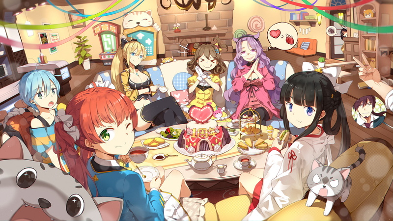 miko, male, group, bow, navel, couch, dress, cat, 1080P, animal, skirt, seifuku, gloves, com, fang, konachan, headband, mask, food, flowers, cake, drink