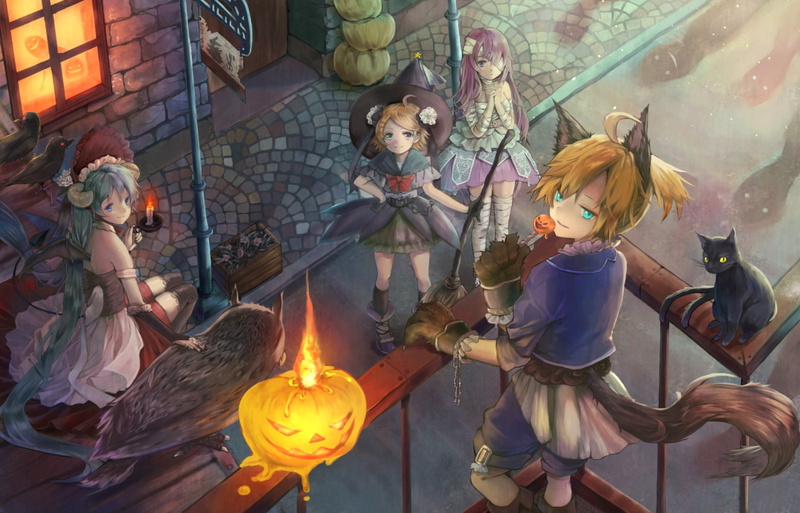 tail, chain, hat, bandage, halloween, 253322, bow, vocaloid, sarashi, eyes, aqua, animal, cat, male, bird, 720P, lollipop, witch, skirt, candy, pumpkin