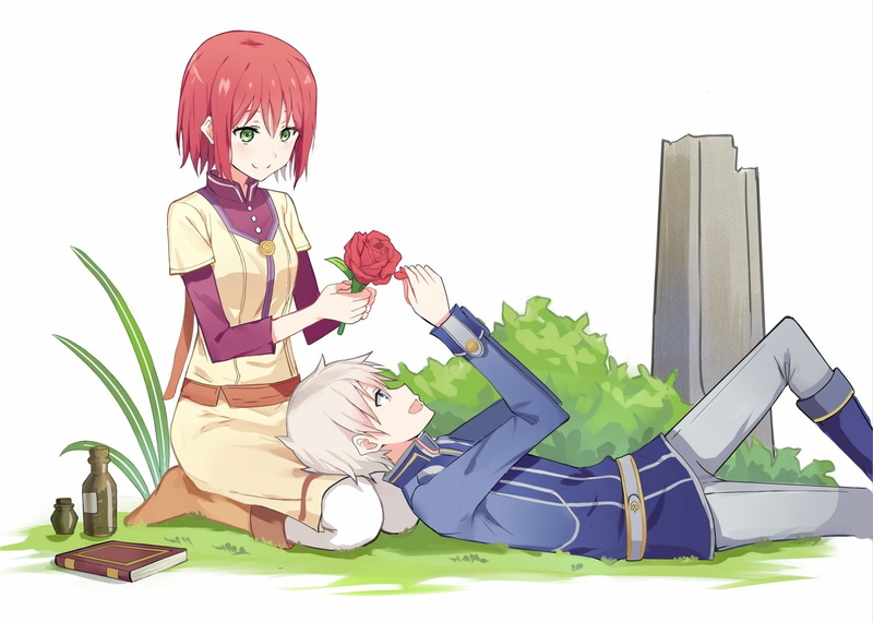 wistalia, white, red, boots, flowers, green, 720P, rose, book, blush, eyes, kenkaizar, male, konachan, com, 243103, hair, blue, zen, skirt, shirayukihime