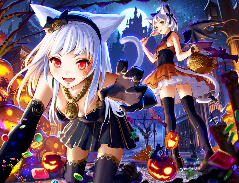 animal, sachimaa, nekomimi, wings, thighhighs, halloween, 1080P, ears, tail, dress, tattoo