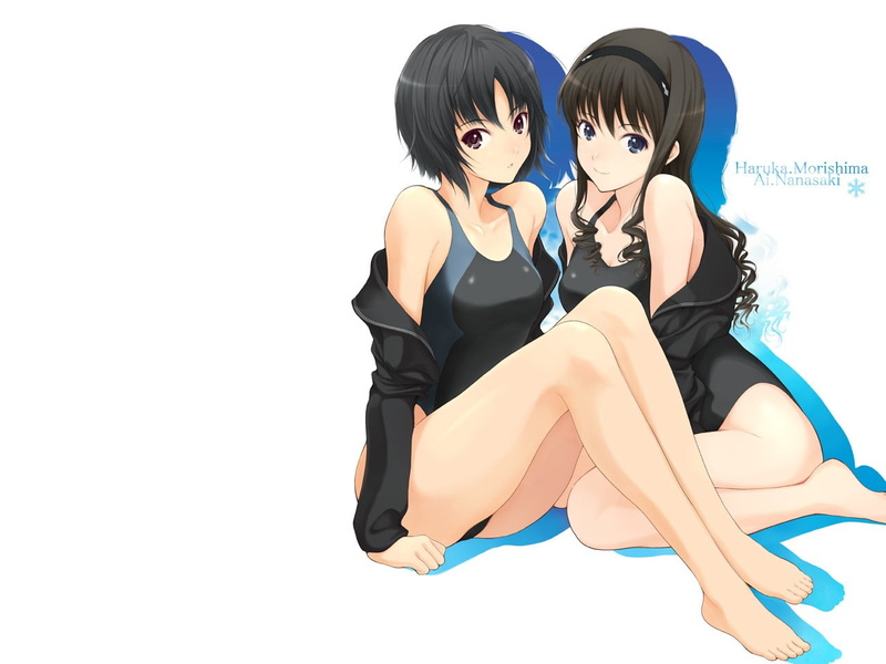 sitting, hairstyle, indoors, cut out, white background, clothing, studio shot, women, lifestyles, Nanasaki Ai, young adult, Amagami SS, two people, mask
