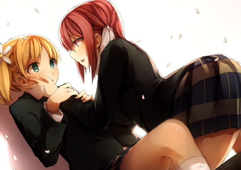 seifuku, takayama, yuri, mukuro238, hair, petals, 1080P, yuu, eyes, haruka, sonoda, red, sakura, green, blonde, kyouya, trick
