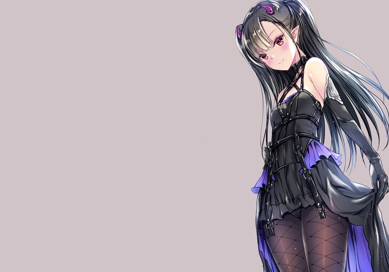 red eyes, horns, pointed ears, cameltoe, gloves, elbow gloves, long hair, skirt lifting, 1080P, demon girl, twintails, dress, black hair