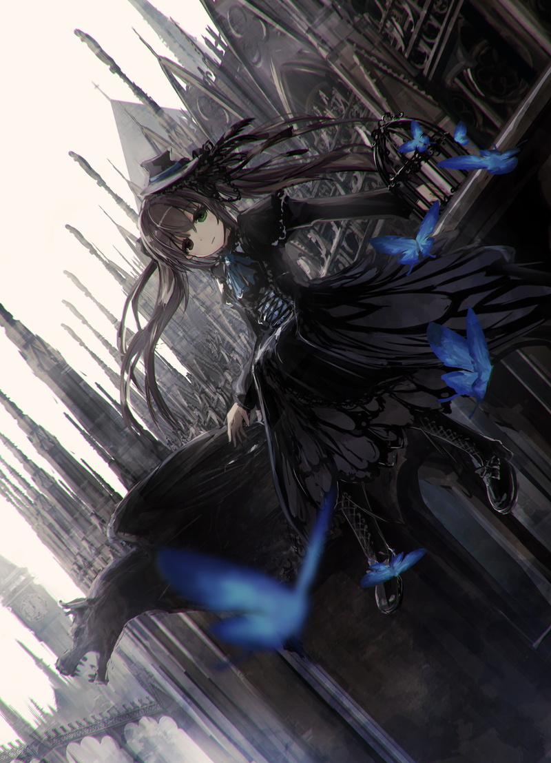 Gothic, 1080P, black dress, black hair, butterfly, Gothic architecture, missile228, loli
