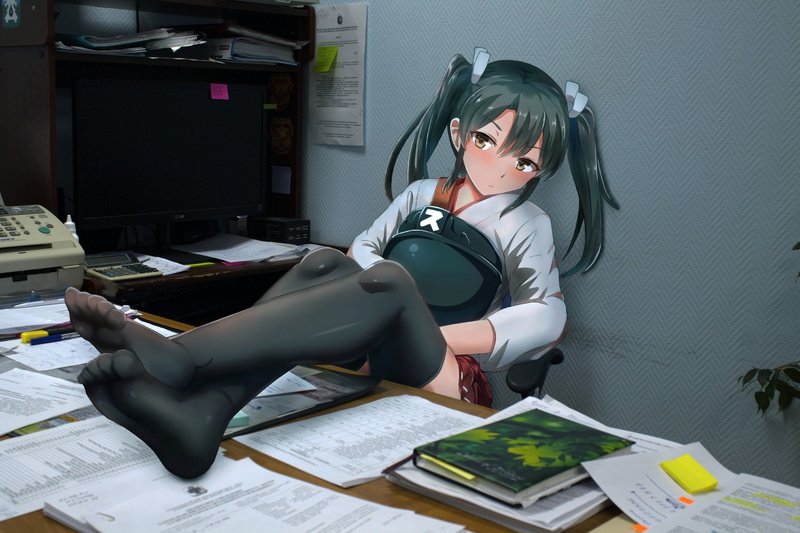 front view, long hair, young adult, adult, women, office, young women, 2K, Zuikaku (KanColle), yellow eyes, legs, computer, twintails, glasses, skirt