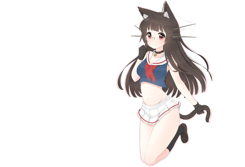 gloves, nekomimi, animal ears, anime girls, anime, bell, glasses, tail, cat girl, skirt, long hair, black hair, 1080P, Kantai Collection, Choukai (KanColle