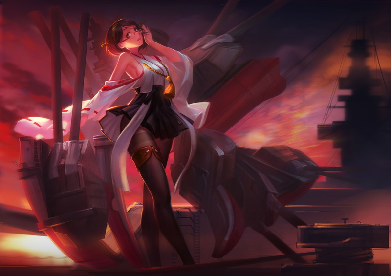 women, 4K, beautiful woman, hairstyle, nature, anime girls, digital composite, beauty, glasses, sunlight, full length, one person, outdoors, sunset, Kirishima (KanColle)