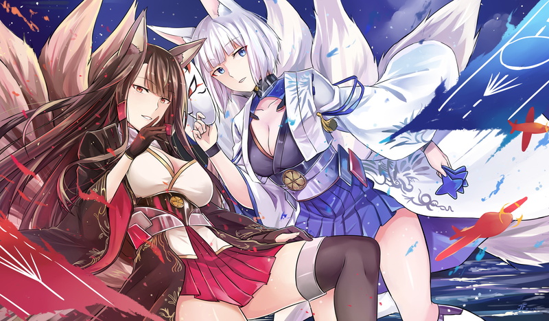 com, ears, animal, blue, mask, azur, skirt, tail, konachan, 2girls, foxgirl, jeffrey10, short, lane, hair, red, 4K, white, brown, 255009, long, eyes, signed