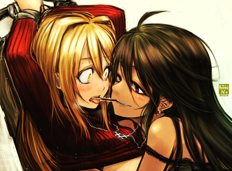 bondage, gray, tears, black, noriaki, 2K, necklace, yellow, blonde, hair, original, girls, blush, eyes, watermark, pocky, kotoba