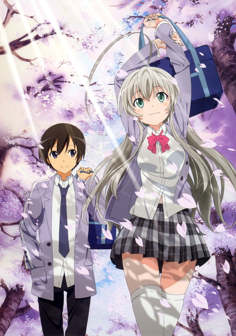 mahiro, boys, nyaruko san, hair, girls, haiyore, cherry, 2K, anime, gray, brunettes, school, yasaka, nyaruko, blossoms, uniforms