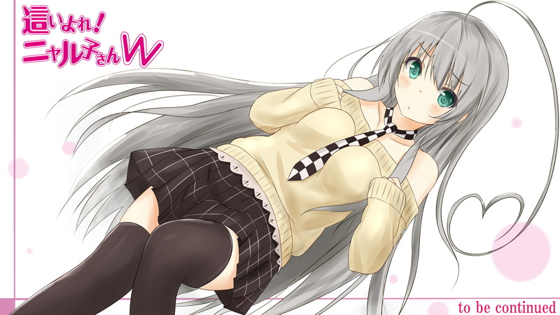 thighhighs, blush, nyaruko, kudrove, green, tie, eyes, haiyore, nyaruko san, saku, long, hair, gray, 1080P