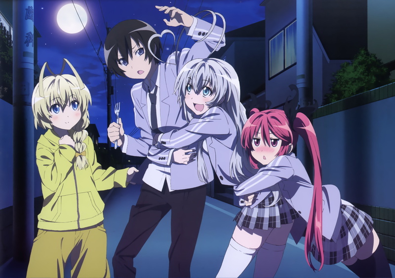 gray, nyaruko san, nyaruko, long, haiyore, 2K, black, moon, short, braids, seifuku, red, hug, blush, eyes, city, blonde, hasuta, blue, thighhighs, hair
