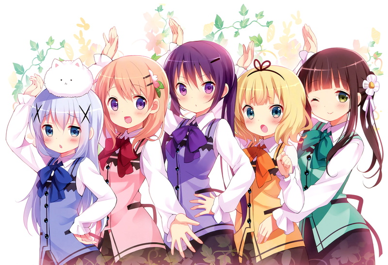 anime girls, Tedeza Rize, Kafuu Chino, Kirima Sharo, Hoto Kokoa, long hair, blonde, Gochuumon wa Usagi Desu ka?, Ujimatsu Chiya, 2K