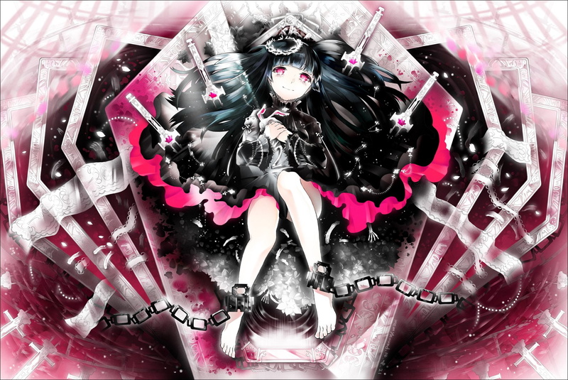 720P, chains, goth loli, fashion, eyes, flowers, jaebau, dress, barefoot, original, hair, lolita, black, pink
