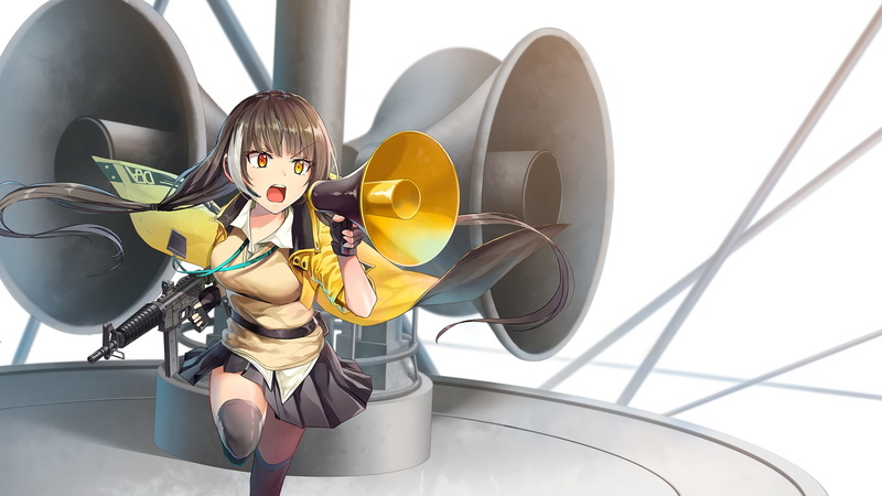 twintails, long, eyes, orange, thighhighs, anthropomorphism, tagme, skirt, weapon, 1080P, brown, gun, (artist), girls, hair, com, ribbons, frontline, konachan
