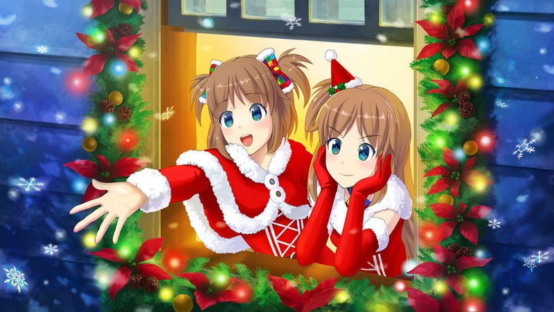 blue, eyes, hair, yuu, christmas, hat, 720P, os tan, snow, brown, windows, elbow, madobe, ponytail, twintails, original, gloves